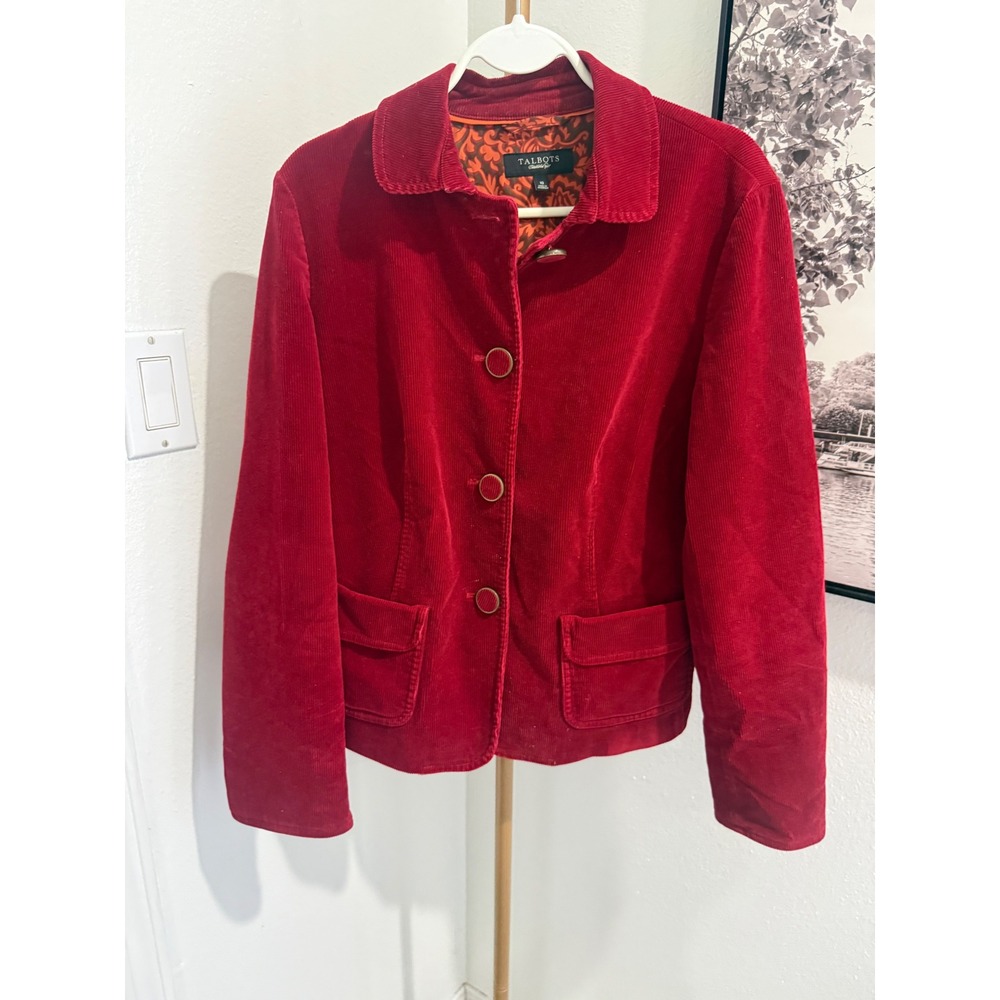 Talbots Womens Red Corduroy Blazer Jacket Size 10 Paisley Lining Button Front